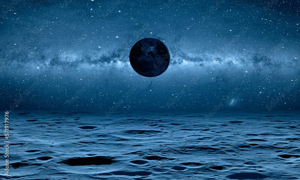 Poster the earth as seen from the surface of the moon in the background milky way galaxy 