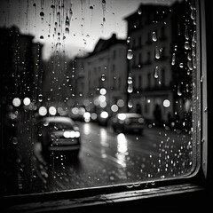  a window with rain drops on it and cars driving down the street.  generative ai