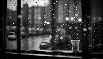  a cup of coffee sitting on a window sill in the rain.  generative ai