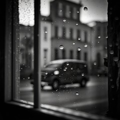  a black and white photo of a car outside a window.  generative ai