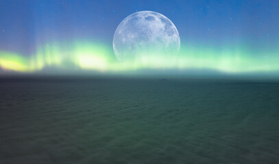 Northern lights (Aurora borealis) over the clouds with super full moon - "Elements of this image furnished by NASA"