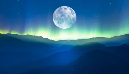Türaufkleber Nordlichter Beautiful landscape with blue misty silhouettes of mountains - Northern lights (Aurora borealis) over themountains with super full moon - "Elements of this image furnished by NASA"