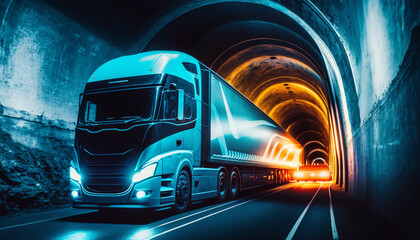 truck bus electric car of the future rides on the road in the tunnel, eco clean environment without harmful waste, neon light at night in the tunnel, Illustration. Generative AI