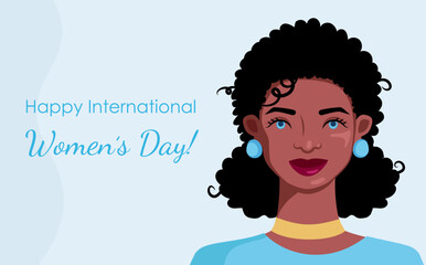 A Women's Day invitation with African black woman in fancy blue dressing and accessories, smiling girl. Vector portrait, black ethnicity, girl's day greeting card with text.