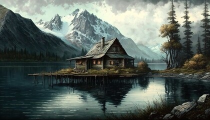 Fototapeta na wymiar a painting of a cabin on a lake with mountains in the background. generative ai