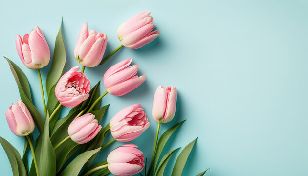 Beautiful composition spring flowers. Bouquet of pink tulips flowers on pastel blue background. Valentine's Day, Easter, Happy Women's Day, Mother's Day. Flat lay, top view, copy space. Generative AI