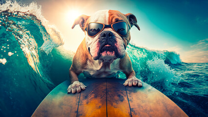 Dog with sunglasses on vacation on top of a surfboard on the paradise beach. illustration of bullgog dog enjoying the beach and the sea in a nice way