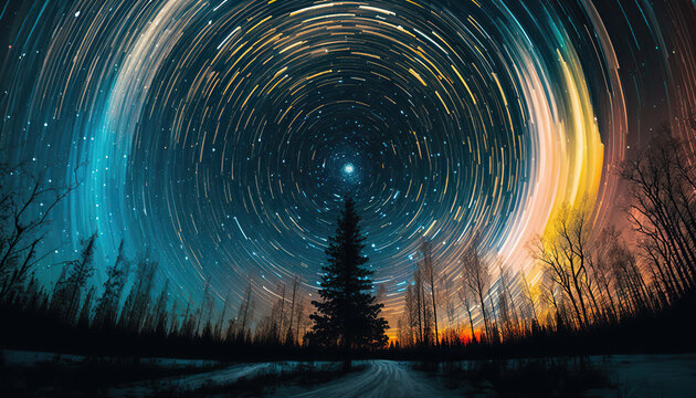 Stunning star trails motion time-lapse night sky with forest silhouette landscape. Beautiful nature astro background. AI generative image.