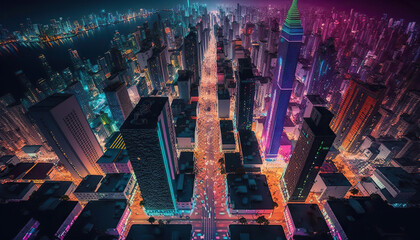 Aerial view on night neon cyberpunk modern city. Long exposure light trails. AI generative image.