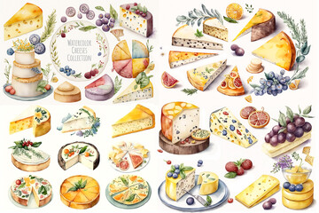 Watercolor illustration of cheeses collection on white background - AI generative