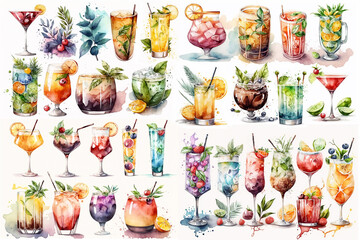 Watercolor illustration of drinks and cocktails collection on white background - AI generative - obrazy, fototapety, plakaty