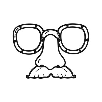 Funny glasses with nose and mustache. Png, vector of  festive mask for holiday Purim and carnival in linear doodle style