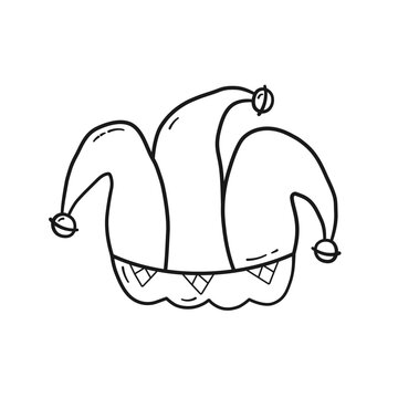 Jester hat with bells. Carnival head wear in linear doodle style. Png on transparent background, vector illustration