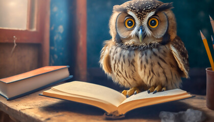 owl reading book wisdom and knowledge concept, Generative AI