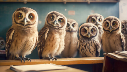 group of owls reading book and learning in class, wisdom and knowledge concept, Generative AI