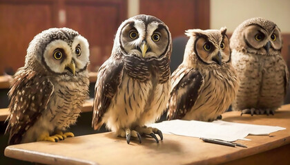 Obraz premium group of owls reading book and learning in class, wisdom and knowledge concept, Generative AI