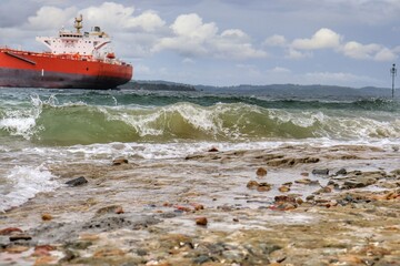 Oil tanker moored near Loreto Beach. City of Madre de Deus, Bahia - Brazil.