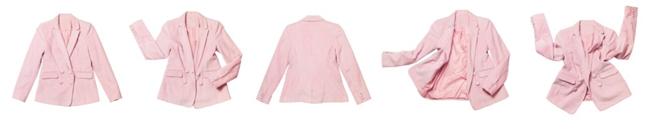 Spring clothes mockup. Womens pink blazer isolated on white background. With clipping path. Female fashion, clothing, stylish fabric cotton blazer. Collection of cut out Corduroy jacket - obrazy, fototapety, plakaty