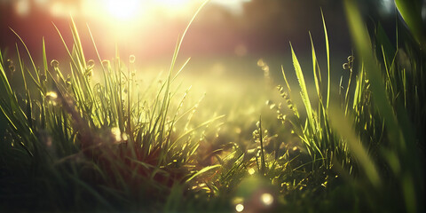 Fototapeta premium Green grass in the field with sunbeams. Blurred summer background, Generative AI.