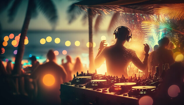 Night Beach Party With Dj And Blurred Dancing Crowd Of People Having Fun. AI Generative Image.