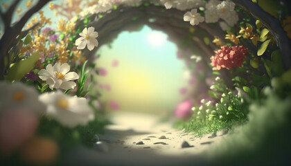 Beautiful enchanted landscape. Fantasy garden background. Magic meadow with spring blooming trees. Round frame with copy space in the middle. Fairy tale banner. AI generative image.