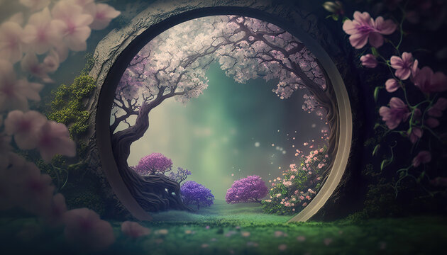 Beautiful enchanted landscape. Fantasy garden background. Magic meadow with spring blooming trees. Round door in the middle. Fairy tale banner. AI generative image.