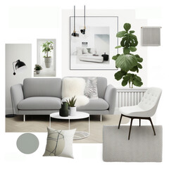 Scandinavian style interior design mood board on white background living room.