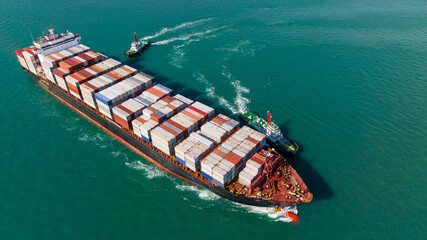 cargo container ship sailing in sea to import export goods and distributing products to dealer and consumers