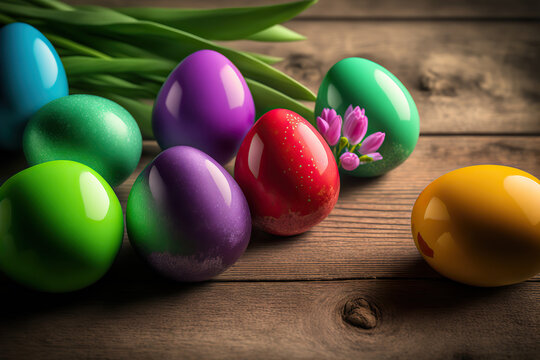 Painted Easter eggs with tulip flowers. Spring holiday horizontal banner or greeting card template. AI generative image.