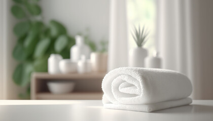 Rolled up clean fresh cotton white towel on table, blurred indoor hotel cozy room background. AI generative image.