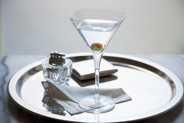 Olive Martini On Silver Platter With Glass Lighter, Cigarette Case And Cocktail Napkin
