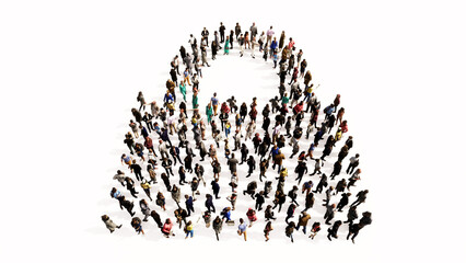 Concept conceptual large community of people forming the padlock icon. 3d illustration metaphor for communication, encryption, security, privacy and technology