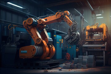 Autonomous robot. Use of robots and automation technology to replace manual labor and increase efficiency. Industrial machine robotic arm robot. Robotic arm in yellow color. Generative AI