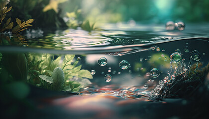 Beautiful spring detailed close up stream of fresh water with young green plants. Horizontal banner, springtime concept. Abstract outdoor wild nature background. AI generative image.