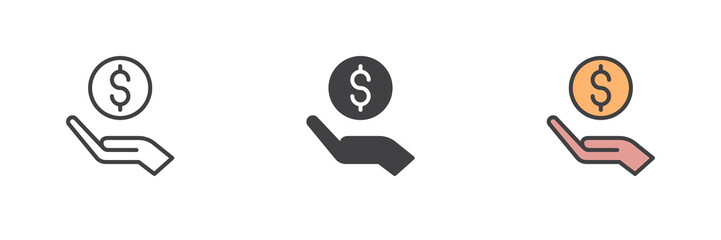 Hand and dollar coin different style icon set