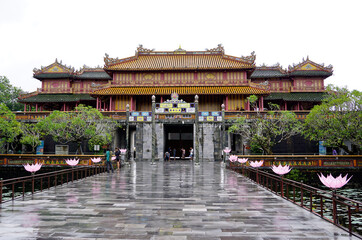 Inside Hue Imperial Citadel on a raining day                               