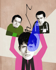 Alter ego concept. Conceptual image, modern pop color design. Man with his second head in hand. Concept of inner world, psycholody, addiction, emotions, diversity.