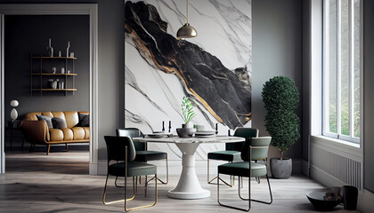 Interior design of modern dining room with table and chairs. AI Generated