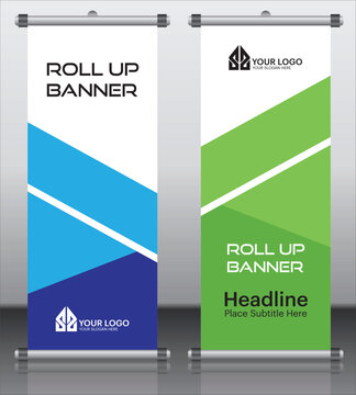 Banner roll-up, stand vector, graphic template for exhibition, conference, accommodation advertising information and photos. Business concept, vector