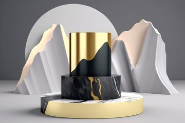 3d stand podium black and gold color background created with Generative AI