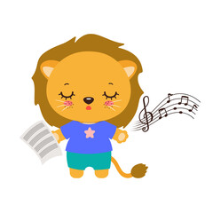 Singing animal cute lion cartoon character. Kawaii lion animal student. Musical class logo or mascot. Music notes song learning. Music lesson elementary school subject.