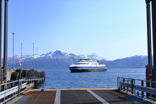 May 30 2022 - Lodingen, Lofoten, Norway: Norway sea ferry near Lodingen, Nordland, Passenger ship