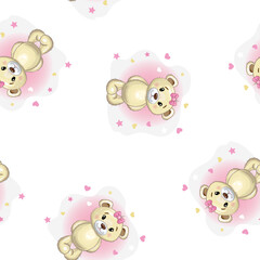 Seamless cute Teddy  bear girl pattern. Cartoon style. Vector illustration.