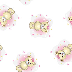 Seamless cute Teddy  bear girl pattern. Cartoon style. Vector illustration.
