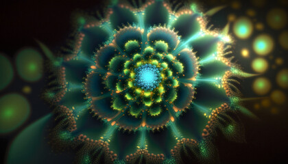 Fototapeta premium Sacred geometry glowing flower fractal with particles and light. Generative AI