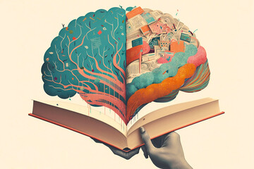 Illustration of conceptual art collage of hands holding a book on which appears a brain full of ideas and knowledge. Generative ai.