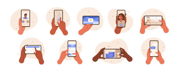 Hands gestures illustration set. Diverse people hands holding smartphones and using various apps like social media, chats and maps. Smartphone user activity concept. Vector illustration. - obrazy, fototapety, plakaty