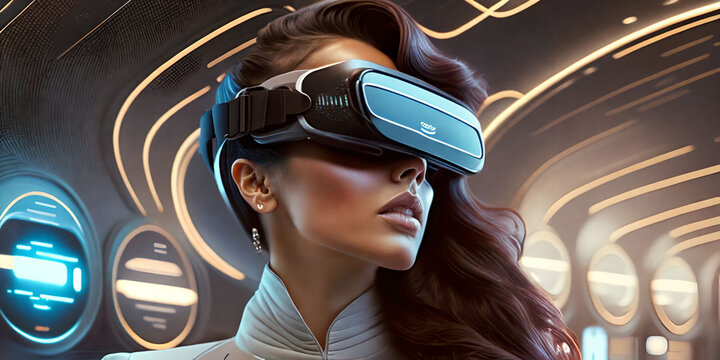 Smiling positive woman wearing virtual reality goggles headset, vr box. Connection, technology, new generation, progress concept