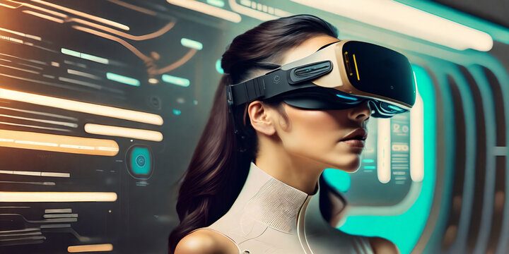 Smiling positive woman wearing virtual reality goggles headset, vr box. Connection, technology, new generation, progress concept