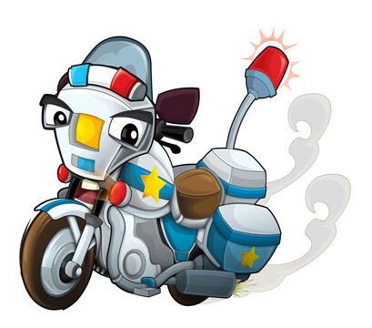Cartoon motorcycle police policeman driving to the rescue illustration for children
